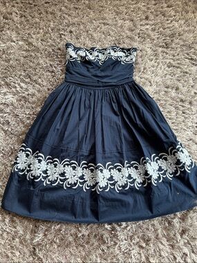 Strapless Black Dress with Cream Floral Embroidery